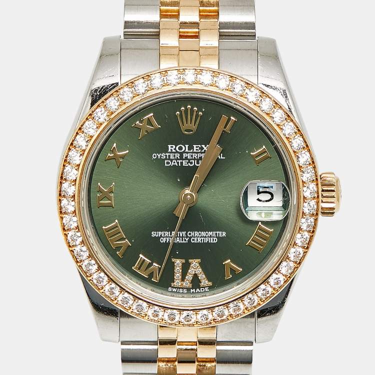 مملوكة مسبقًا ساعة يد نسائية رولكس ديتجاست 178383 إطار أخضر زيتوني ذهب أصفر عيار 18 وفولاذ مقاوم للصدأ 31 مم