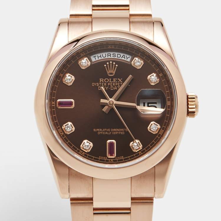 Pre Owned Rolex Day-Date 118205F Chocolate Brown Dial 18K Everose Gold Diamond Ruby Women's Wristwatch 36 mm
