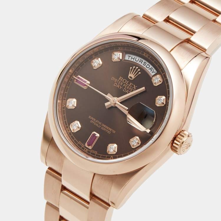 Pre Owned Rolex Day-Date 118205F Chocolate Brown Dial 18K Everose Gold Diamond Ruby Women's Wristwatch 36 mm