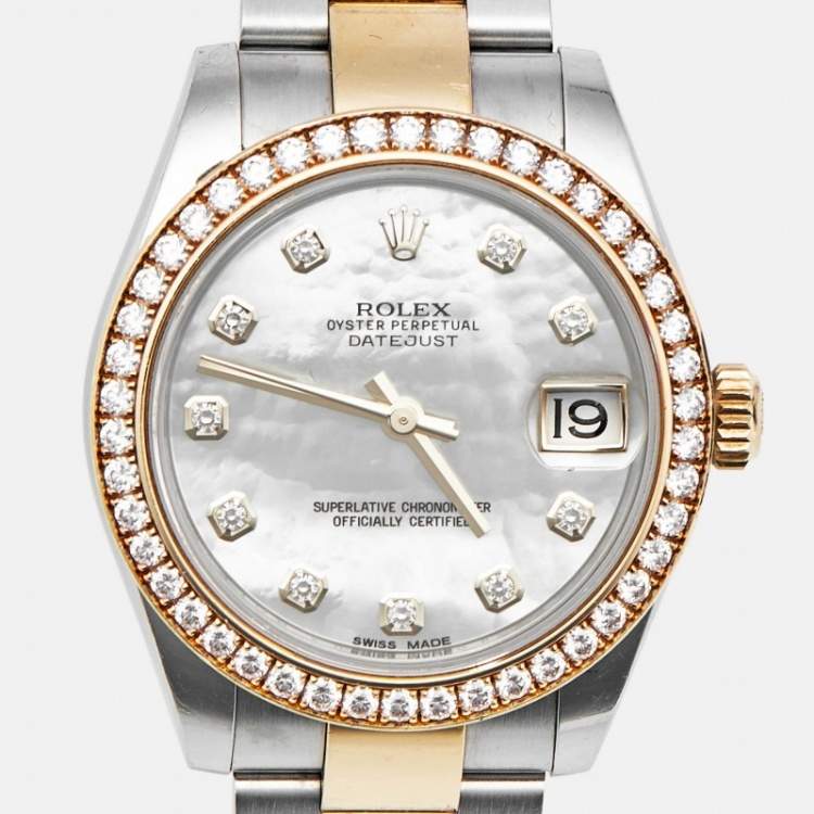 Pre Owned Rolex Datejust 178383-0020 White Mother Pearl Dial 18k Yellow Gold Stainless Steel Women's Wristwatch 31 mm