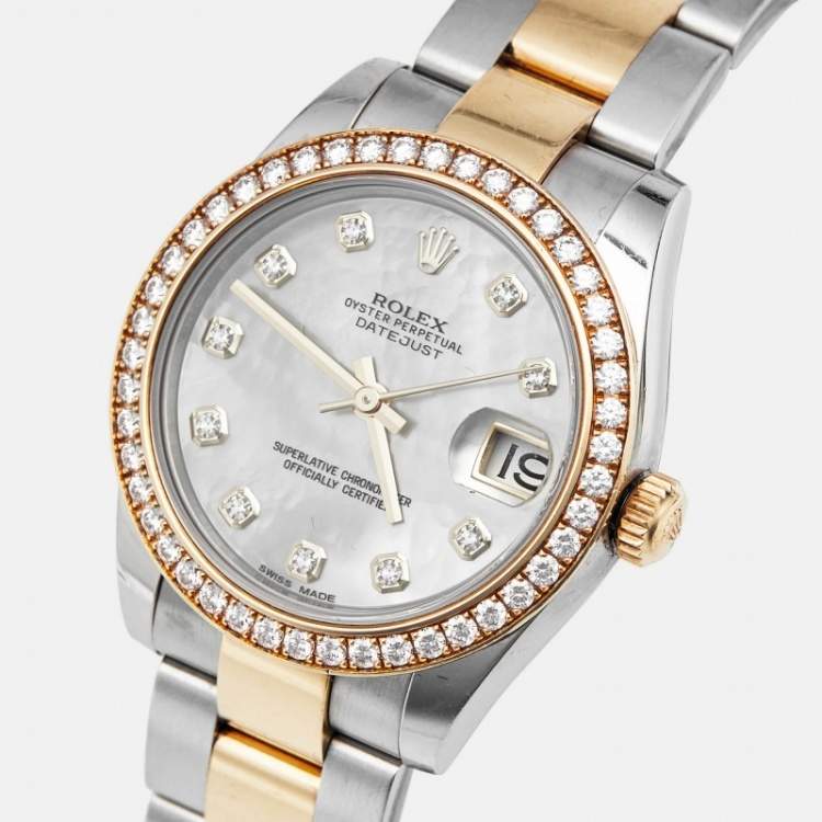 Pre Owned Rolex Datejust 178383-0020 White Mother Pearl Dial 18k Yellow Gold Stainless Steel Women's Wristwatch 31 mm