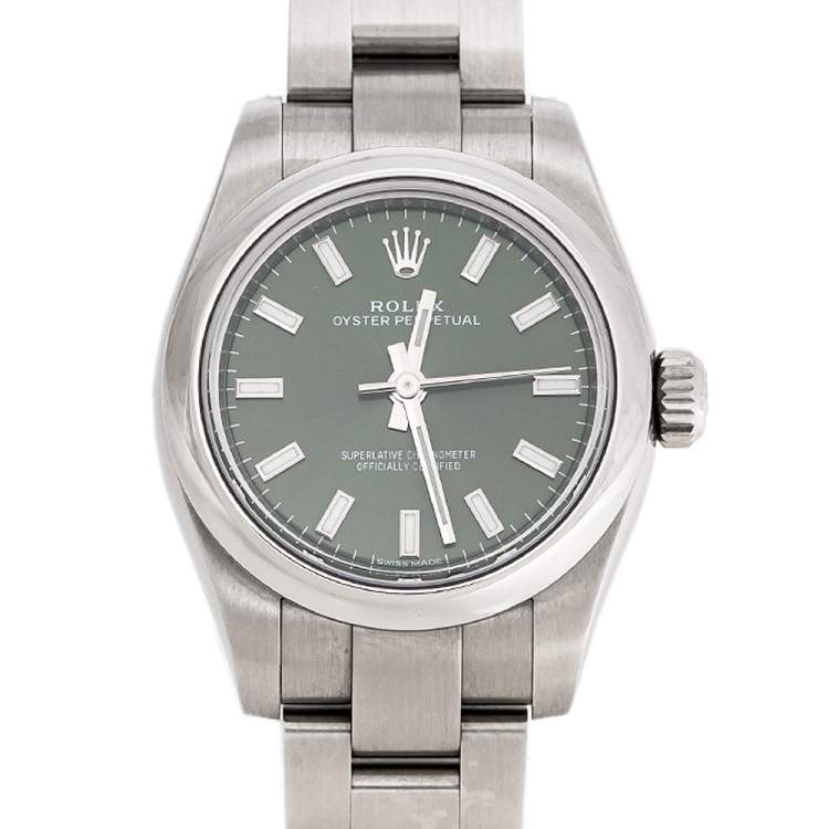 Pre Owned Rolex Olive Green Stainless Steel Oyster Perpetual 176200OVSO Women's Wristwatch 26 mm