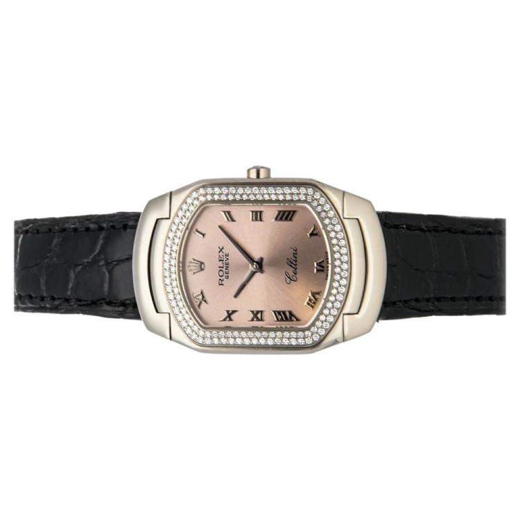 Pre Owned Rolex Pink Diamonds Bezel 18K White Gold Cellini Cellissima 6691/9 Women's Wristwatch 35x25mm 
