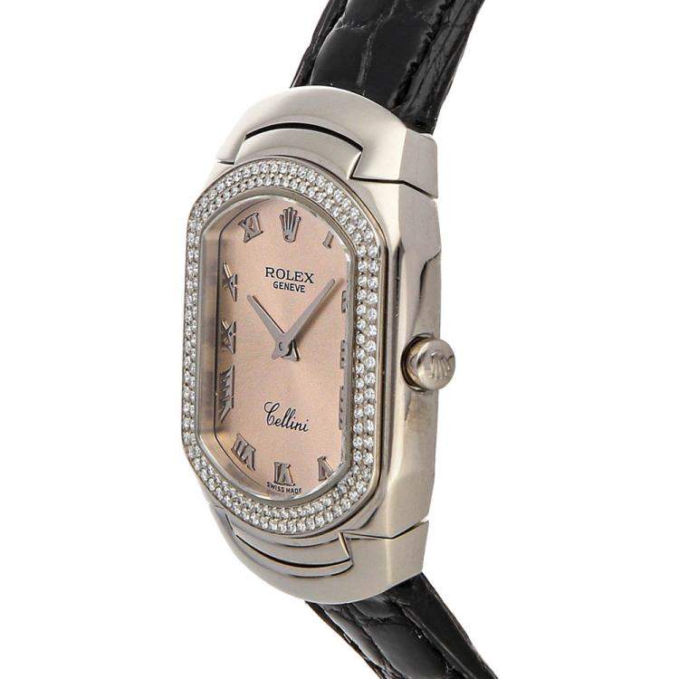 Pre Owned Rolex Pink Diamonds Bezel 18K White Gold Cellini Cellissima 6691/9 Women's Wristwatch 35x25mm 