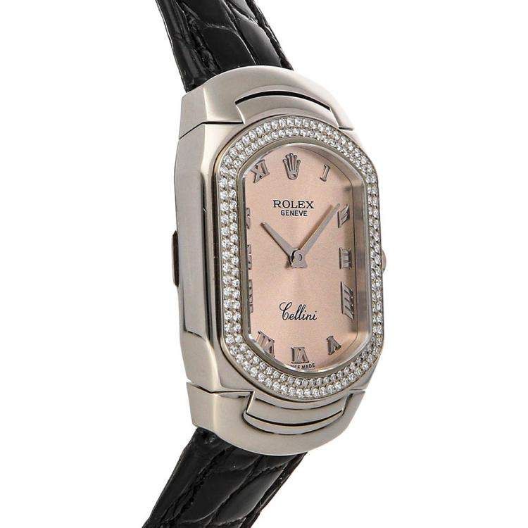 Pre Owned Rolex Pink Diamonds Bezel 18K White Gold Cellini Cellissima 6691/9 Women's Wristwatch 35x25mm 