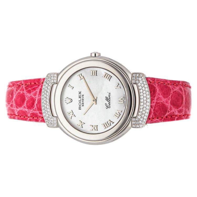 Pre Owned Rolex MOP Diamonds 18K White Gold Cellini Cellissima 6682/9 Women's Wristwatch 33 MM