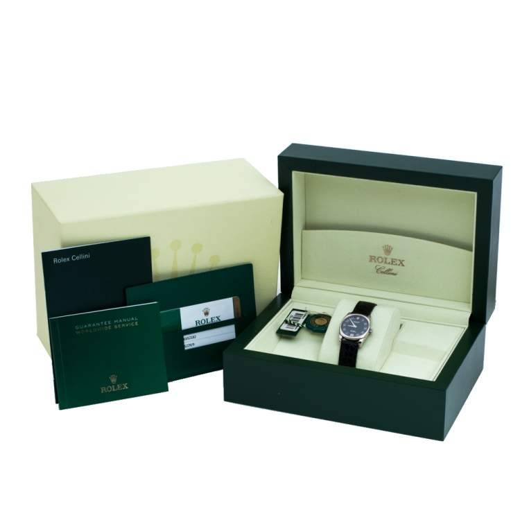 Pre Owned Rolex Black 18K White Gold Crocodile Leather Cellini Danaos 6229/9 Women's Wristwatch 25 mm