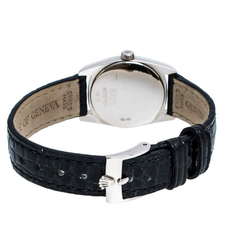 Pre Owned Rolex Black 18K White Gold Crocodile Leather Cellini Danaos 6229/9 Women's Wristwatch 25 mm
