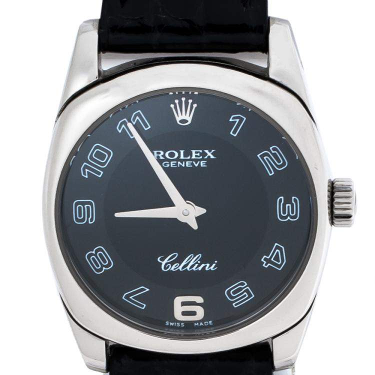 Pre Owned Rolex Black 18K White Gold Crocodile Leather Cellini Danaos 6229/9 Women's Wristwatch 25 mm