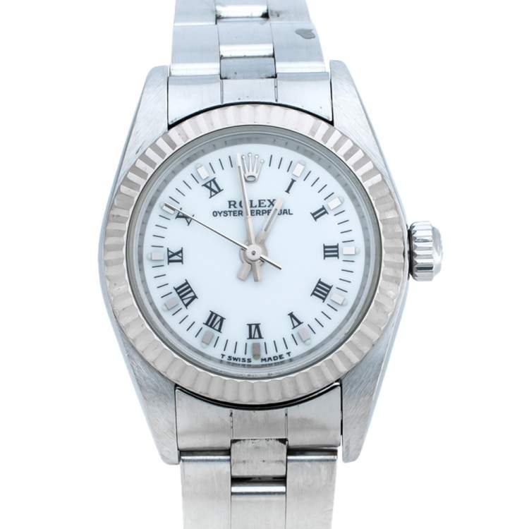 Pre Owned Rolex White 18K White Gold Stainless Steel Oyster Perpetual 76094 Women's Wristwatch 24 mm