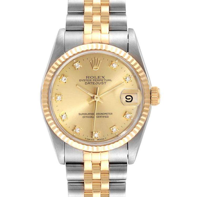 Pre Owned Rolex Champagne Diamonds 18K Yellow Gold And Stainless Steel Datejust 68273 Women's Wristwatch 31 MM