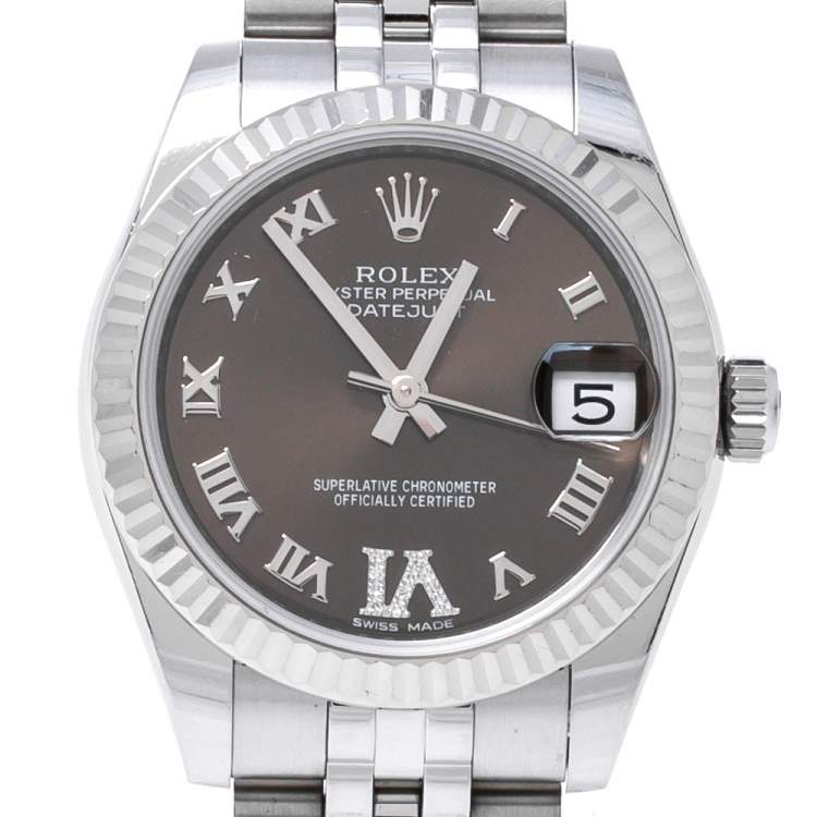 Pre Owned Rolex Bronze 18K White Gold Stainless Steel Diamond Datejust 178274 Women's Wristwatch 31 mm