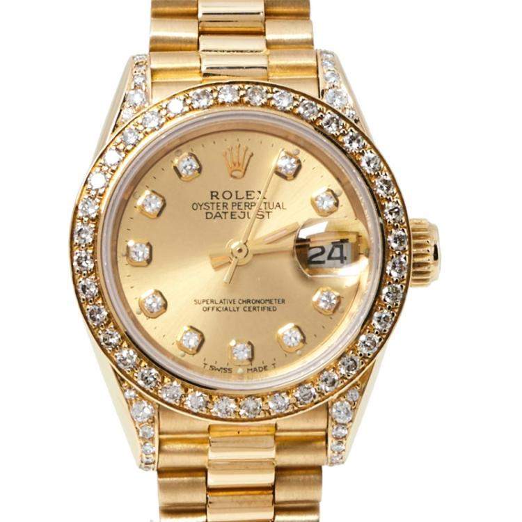 Pre Owned Rolex Champagne 18K Yellow Gold Diamond Datejust 69158 Women's Watch 26 mm