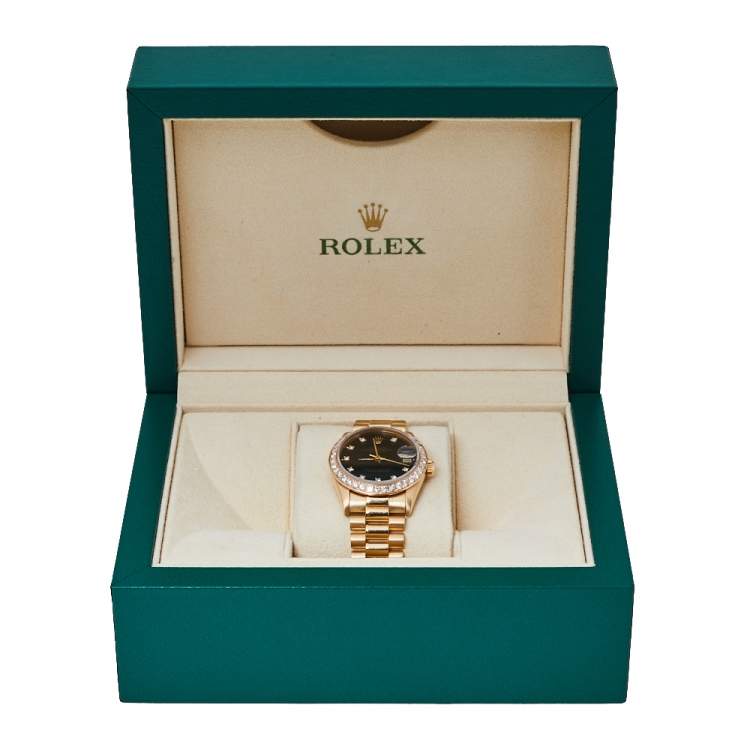 Pre Owned Rolex Black 18K Yellow Gold Diamond Datejust 68278 Women's Wristwatch 31 mm