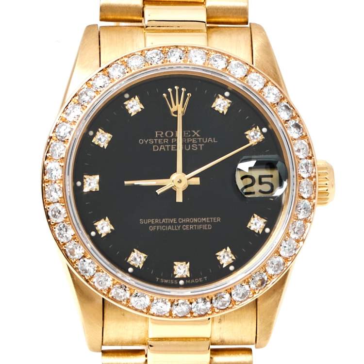 Pre Owned Rolex Black 18K Yellow Gold Diamond Datejust 68278 Women's Wristwatch 31 mm