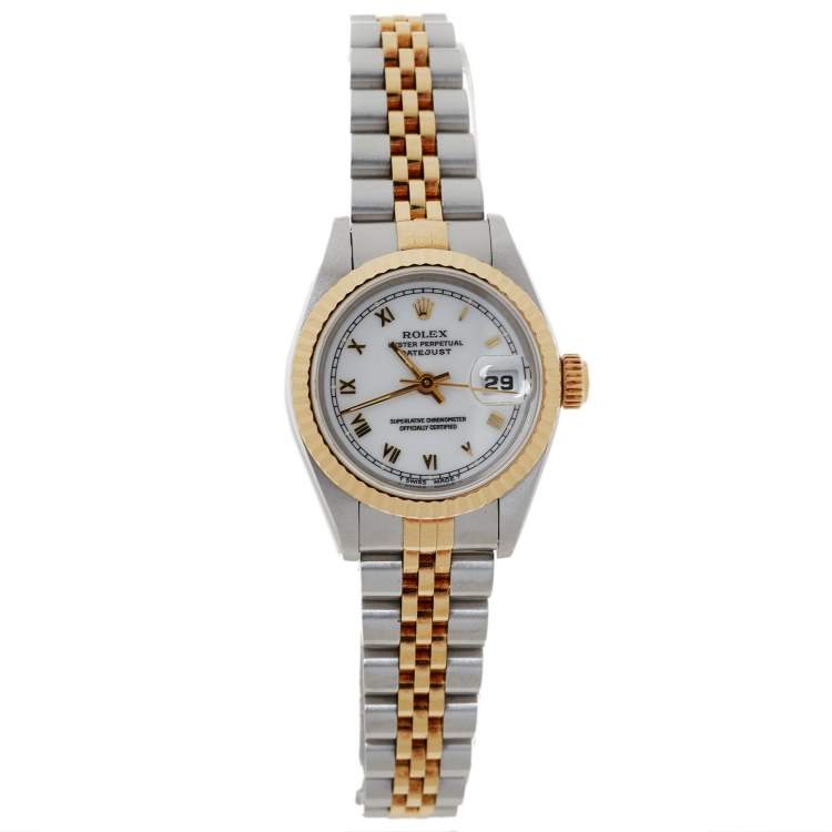 Pre Owned Rolex White 18K Yellow Gold and Stainless Steel Datejust 69173 Women's Wristwatch 26 mm