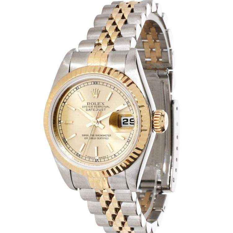 Pre Owned Rolex Champagne 18K Yellow Gold And Stainless Steel Datejust 69173 Women's Wristwatch 26 MM