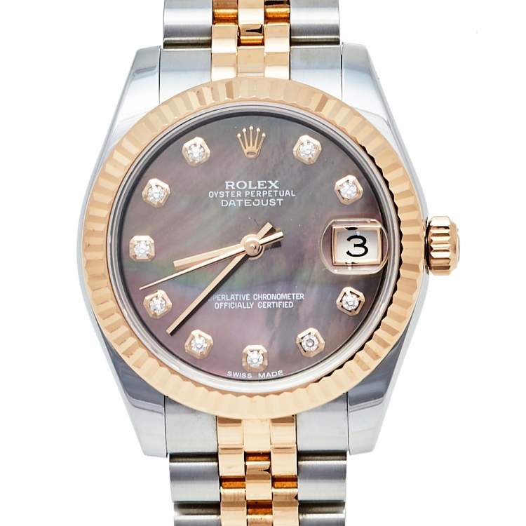Pre Owned Rolex Mother Of Pearl 18K Rose Gold & Stainless Steel Diamond Datejust 178271 Women's Wristwatch 31 mm