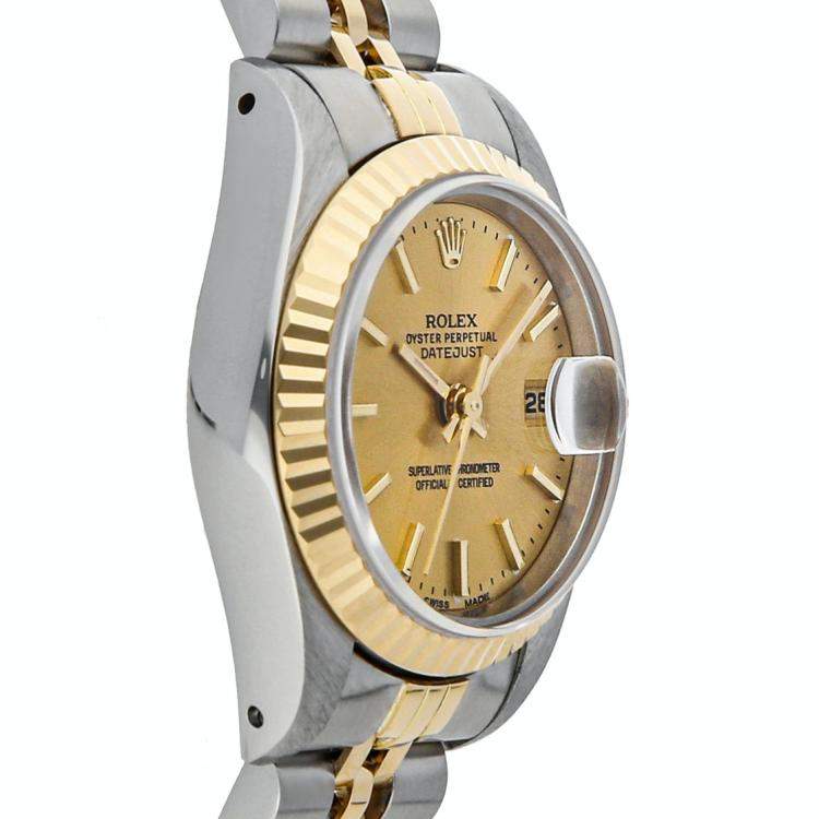Pre Owned Rolex Champagne 18K Yellow Gold And Stainless Steel Datejust 69173 Women's Wristwatch 26 MM