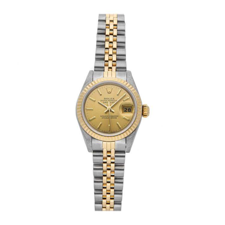 مملوكة مسبقًا Rolex Champagne 18K Yellow Gold And Stainless Steel Datejust 69173 Women's Wristwatch 26 MM