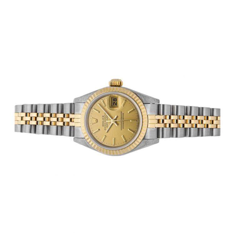 مملوكة مسبقًا Rolex Champagne 18K Yellow Gold And Stainless Steel Datejust 69173 Women's Wristwatch 26 MM