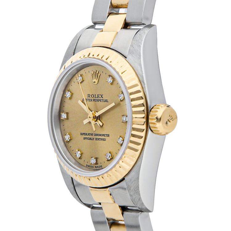Pre Owned Rolex Champagne Diamonds 18K Yellow Gold And Stainless Steel Oyster Perpetual 67193 Women's Wristwatch 24 MM