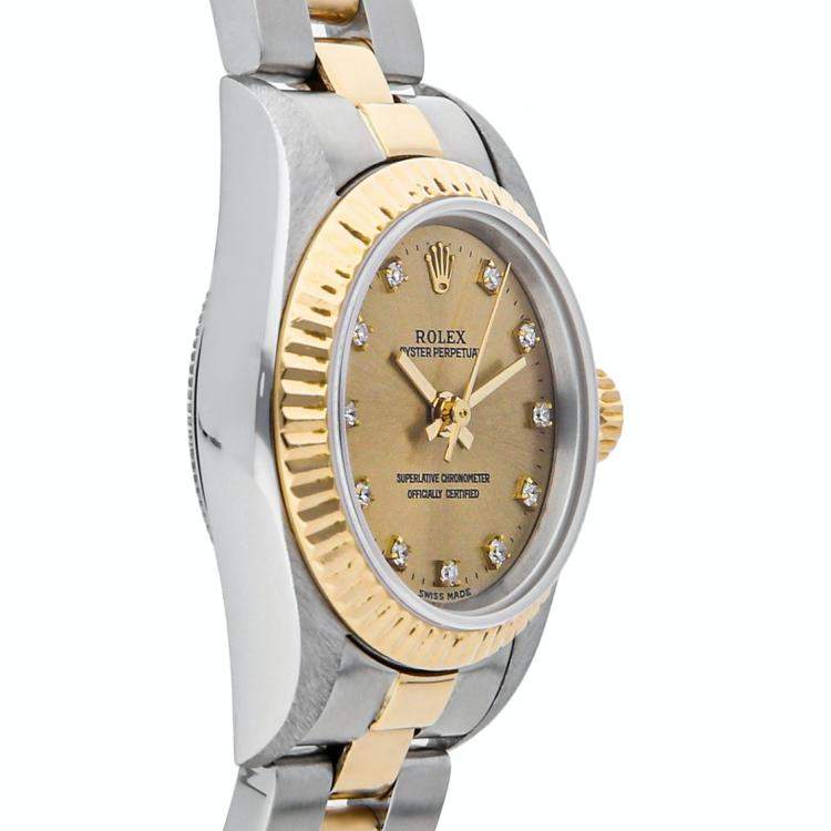 Pre Owned Rolex Champagne Diamonds 18K Yellow Gold And Stainless Steel Oyster Perpetual 67193 Women's Wristwatch 24 MM