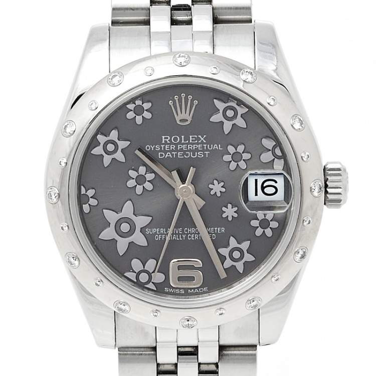 Pre Owned Rolex Floral Rhodium 18K White Gold Stainless Steel Diamond Datejust 178344RFJ Women's Wristwatch 31 mm