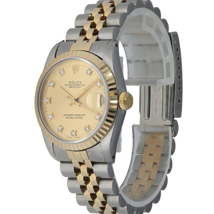 Pre Owned Rolex Champagne Diamonds 18K Yellow Gold And Stainless Steel Datejust 68273 Women's Wristwatch 30 MM