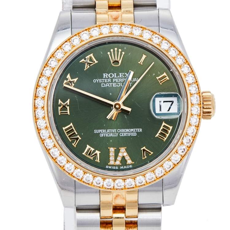 مملوكة مسبقًا Rolex Green 18K Yellow Gold & Stainless Steel Diamond Datejust 178383 Automatic Women's Wristwatch 31 mm