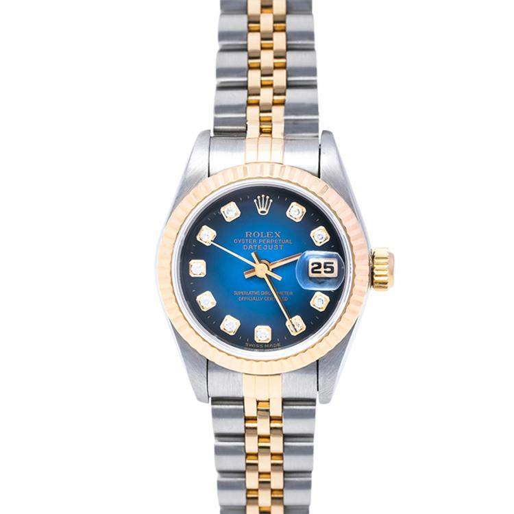 Pre Owned Rolex Blue 18K Yellow Gold & Stainless Steel Diamonds Datejust 69173 Automatic Women's Wristwatch 26 mm
