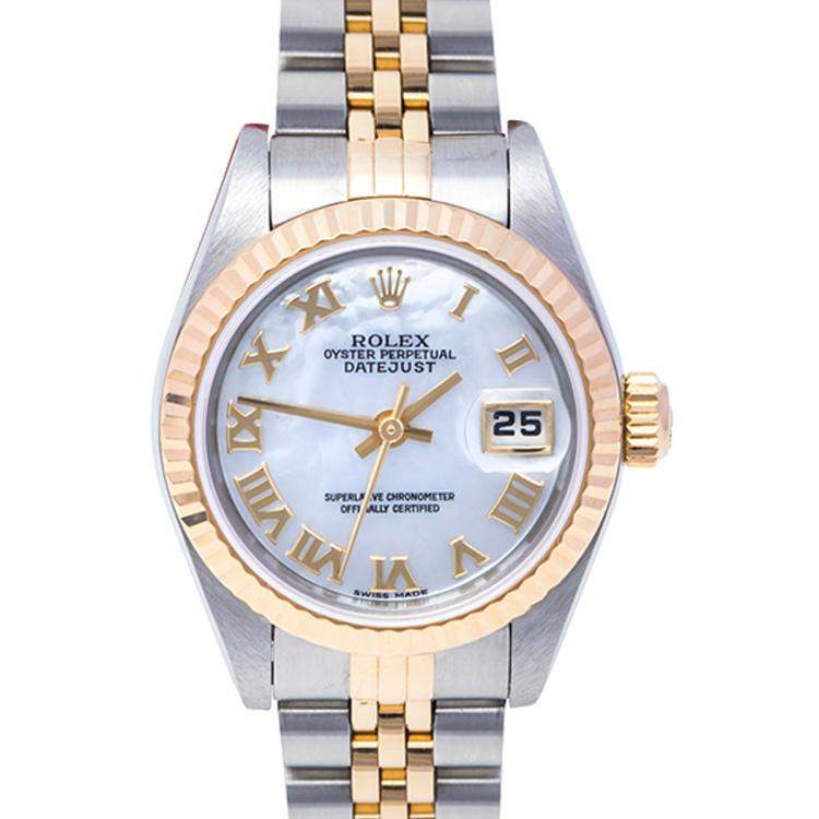 Pre Owned Rolex Mother of Pearl 18K Yellow Gold & Stainless Steel Datejust 79173 Automatic Women's Wristwatch 26 mm