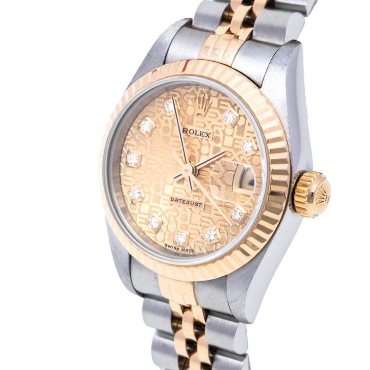 مملوكة مسبقًا Rolex Champagne 18K Yellow Gold & Stainless Steel Diamonds Datejust 69173 Automatic Women's Wristwatch 26 mm	