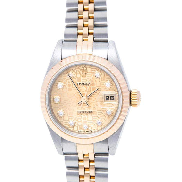 مملوكة مسبقًا Rolex Champagne 18K Yellow Gold & Stainless Steel Diamonds Datejust 69173 Automatic Women's Wristwatch 26 mm	