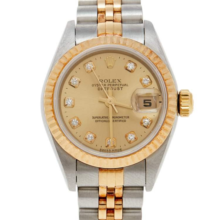 Pre Owned Rolex Champagne 18K Yellow Gold and Stainless Steel Diamonds Datejust 79173 Women's Wristwatch 26 mm