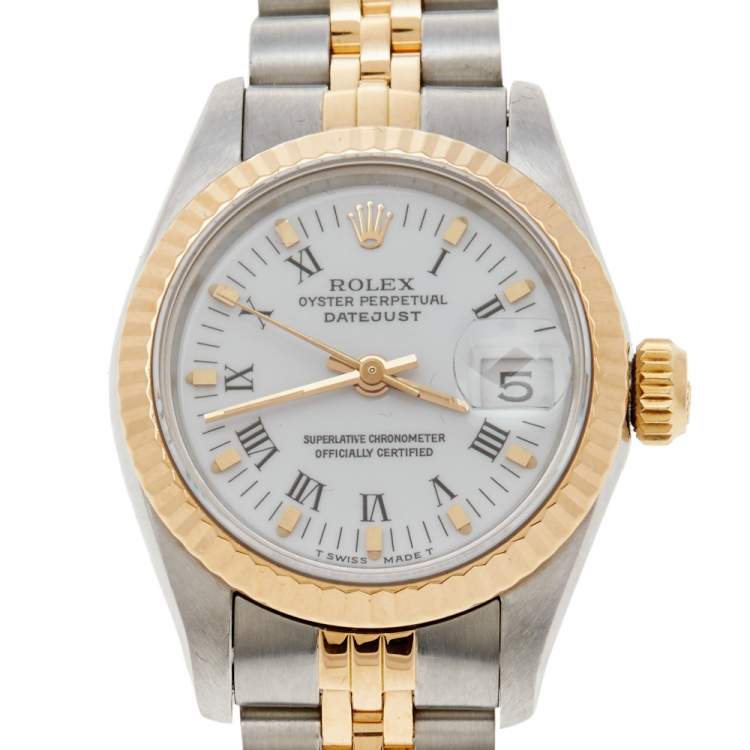 Pre Owned Rolex White 18k Yellow Gold and Stainless Steel Datejust 69173 Women's Wristwatch 26 mm