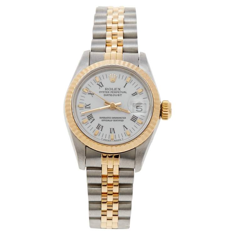 Pre Owned Rolex White 18k Yellow Gold and Stainless Steel Datejust 69173 Women's Wristwatch 26 mm