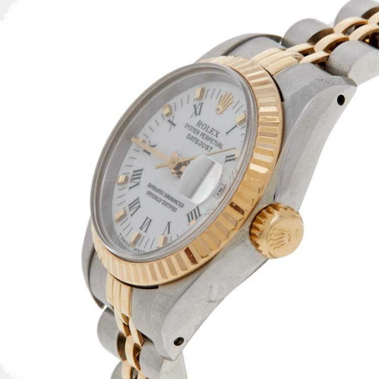 Pre Owned Rolex White 18k Yellow Gold and Stainless Steel Datejust 69173 Women's Wristwatch 26 mm