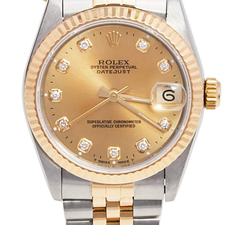 Pre Owned Rolex Champagne Diamonds 18K Yellow Gold And Stainless Steel Datejust 68273 Women's Wristwatch 30 MM