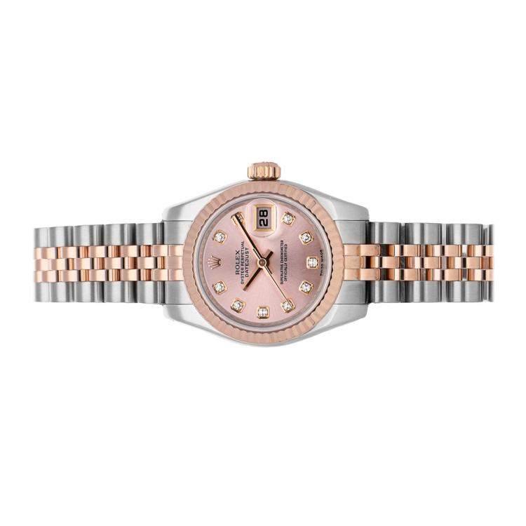 Pre Owned Rolex Salmon Diamonds 18K Rose Gold And Stainless Steel Datejust 179171 Women's Wristwatch 26 MM