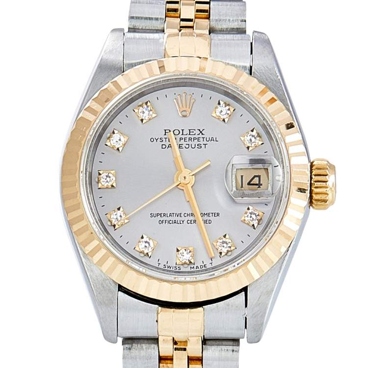 Pre Owned Rolex Silver Diamonds 18K Yellow Gold Stainless Steel Datejust 69173 Automatic Women's Wristwatch 26 mm