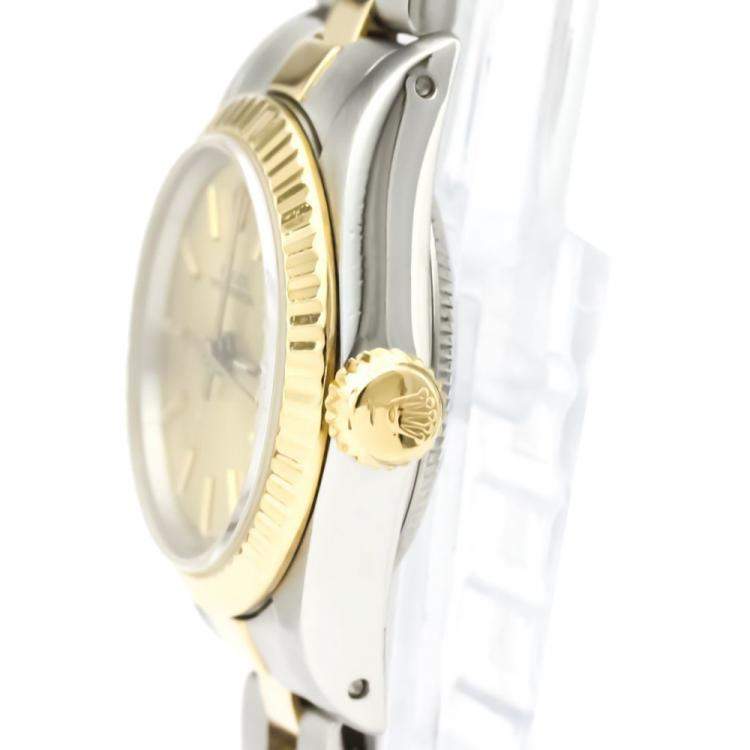 Pre Owned Rolex Champagne 18K Yellow Gold And Stainless Steel Oyster Perpetual 67193 Automatic Women's Wristwatch 24 MM
