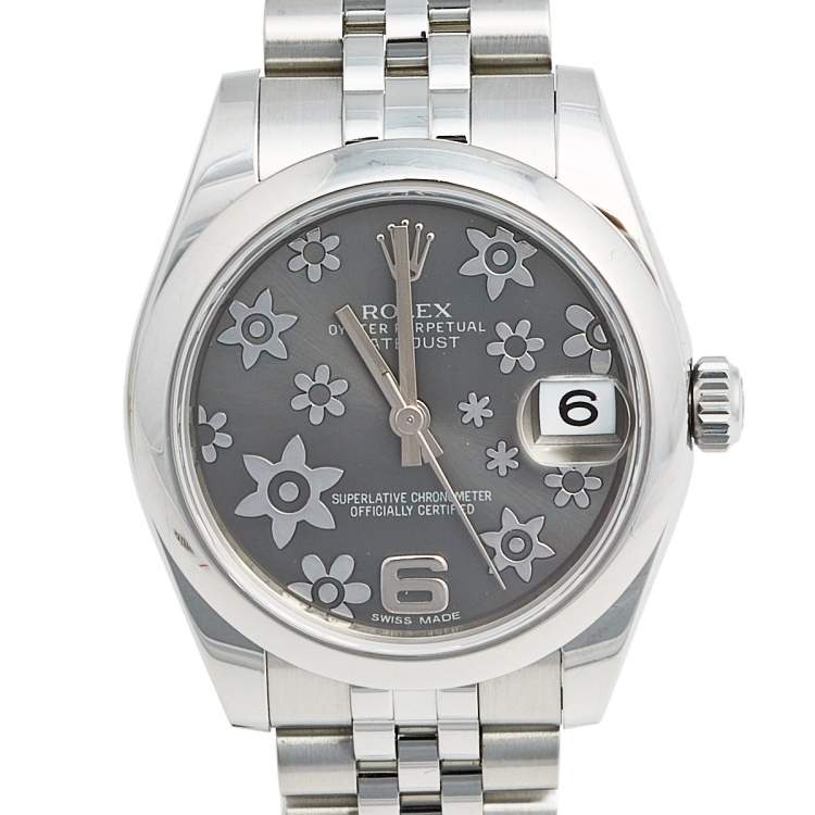 Pre Owned Rolex Rhodium Floral Stainless Steel Datejust 178240 Women's Wristwatch 31 mm