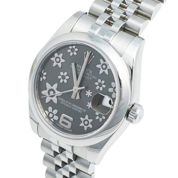 Pre Owned Rolex Rhodium Floral Stainless Steel Datejust 178240 Women's Wristwatch 31 mm