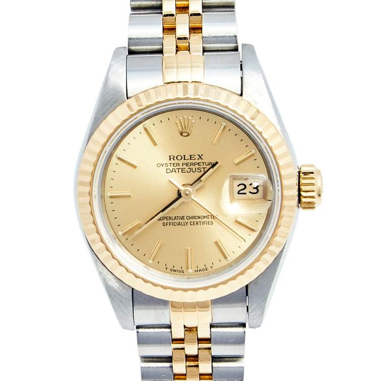 Pre Owned Rolex Champagne 18K Yellow Gold And Stainless Steel Datejust 69173 Women's Wristwatch 26 MM