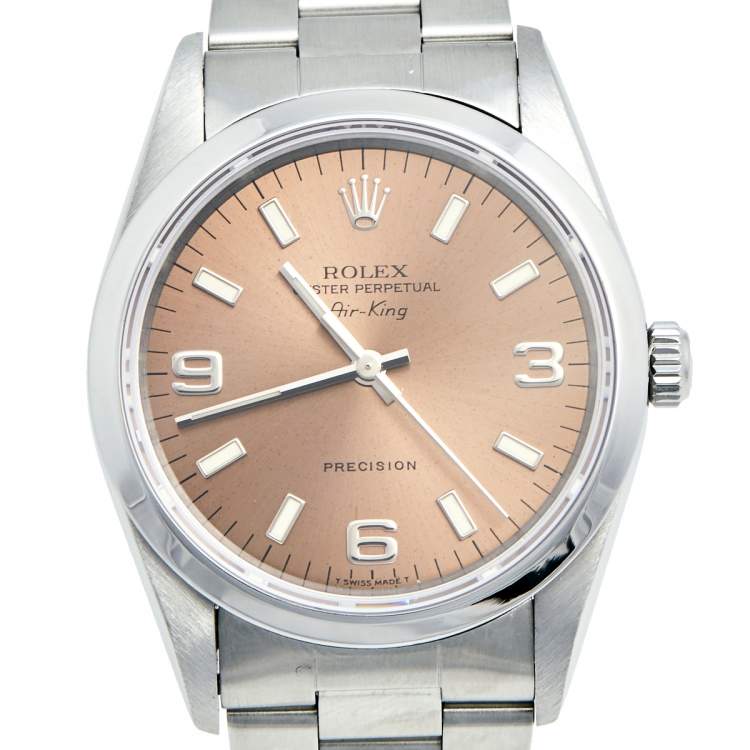 Pre Owned Rolex Salmon Stainless Steel Air King 14000 Unisex Wristwatch 34 MM