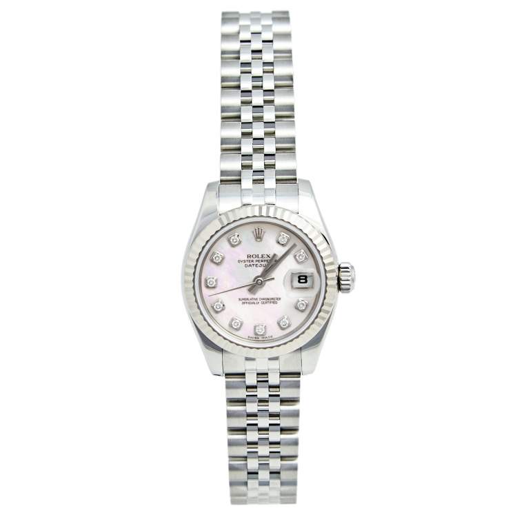 Pre Owned Rolex MOP Diamonds 18K White Gold Stainless Steel Datejust 179174 Women's Wristwatch 26 MM