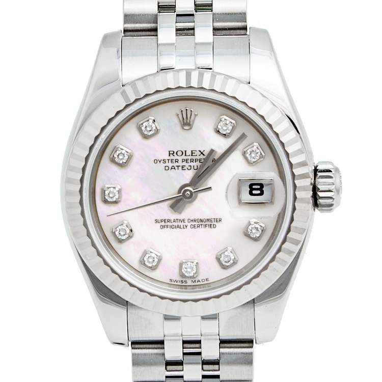 Pre Owned Rolex MOP Diamonds 18K White Gold Stainless Steel Datejust 179174 Women's Wristwatch 26 MM