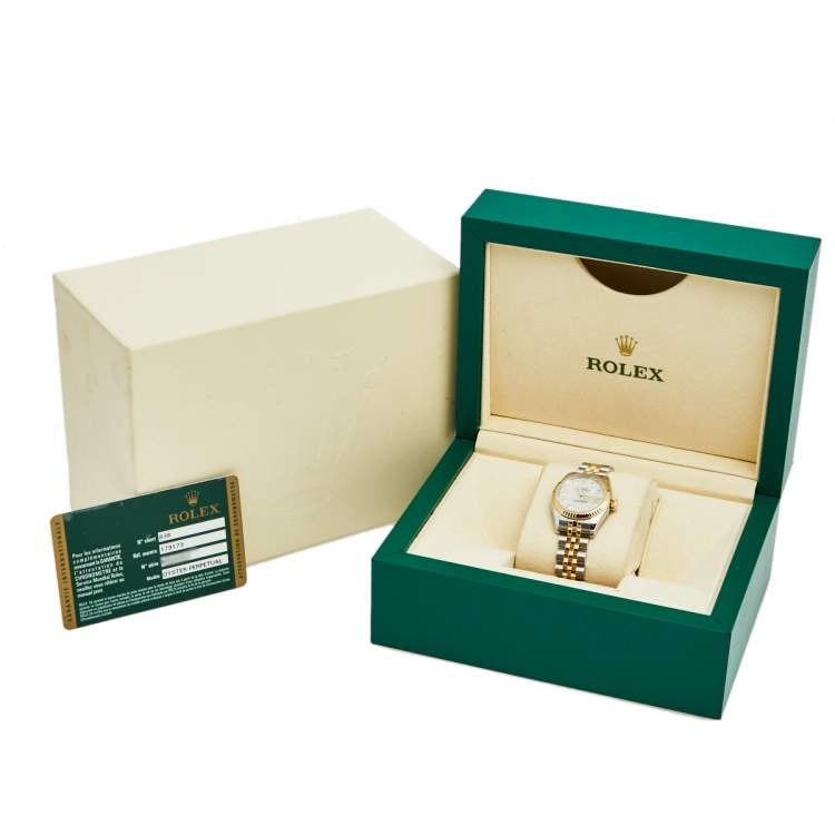 Pre Owned Rolex White Mother Pearl 18K Yellow Gold Stainless Steel Diamond Datejust 179173 Women's Wristwatch 26 mm