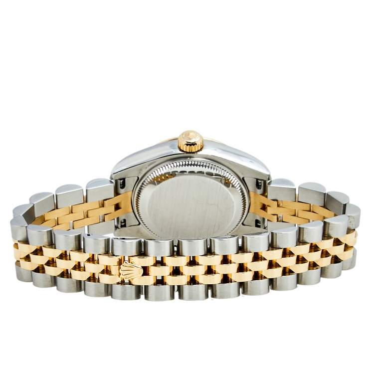 Pre Owned Rolex White Mother Pearl 18K Yellow Gold Stainless Steel Diamond Datejust 179173 Women's Wristwatch 26 mm